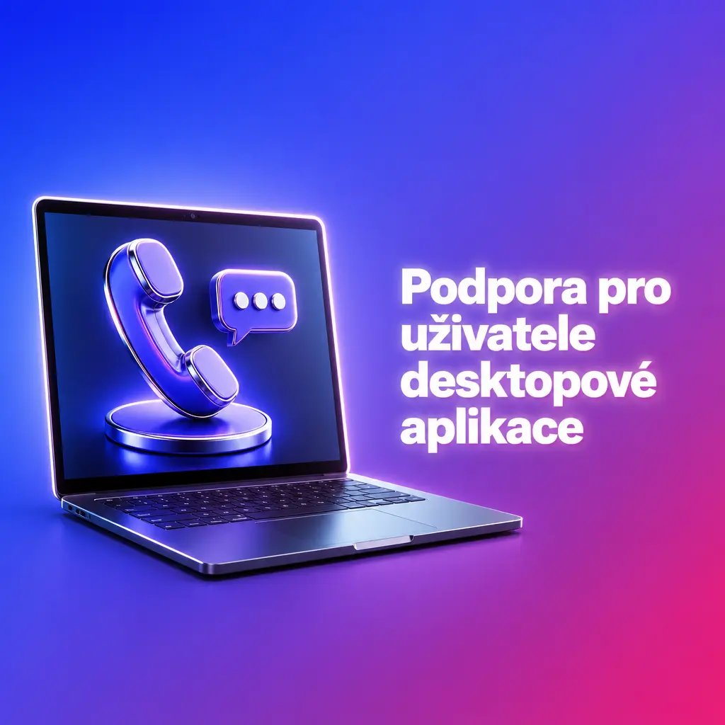 Kontaktní kanály podpory SpinAura pro desktopovou aplikaci – živý chat, e-mail, telefon a sociální sítě